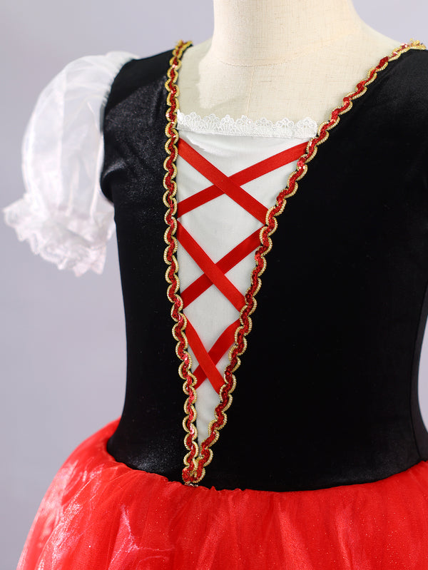 Girls Folk Red Tulle Puff Sleeve Ballet Tutu Costume
