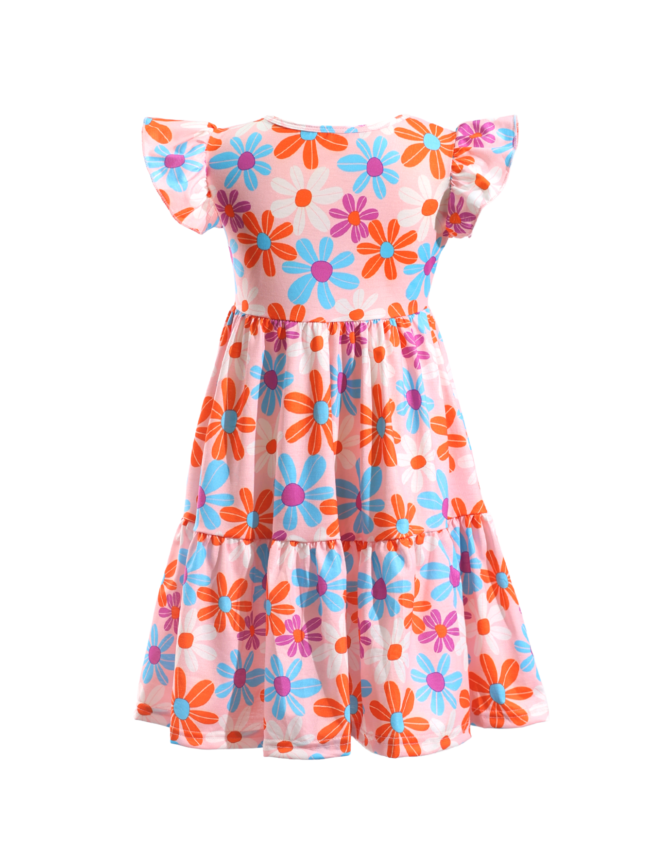 Colorful Floral Print Ruffle-Sleeve Casual Kids Dress-AMD0002