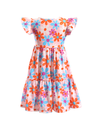 Colorful Floral Print Ruffle-Sleeve Casual Kids Dress-AMD0002