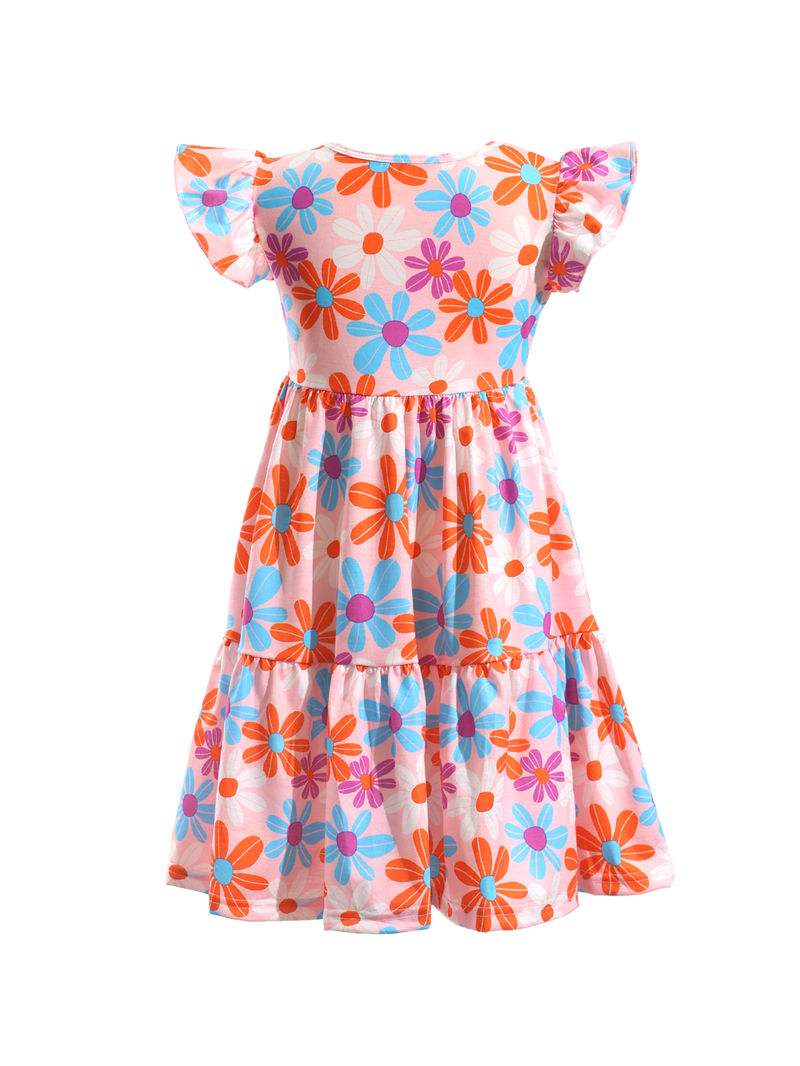 Colorful Floral Print Ruffle-Sleeve Casual Kids Dress-AMD0002