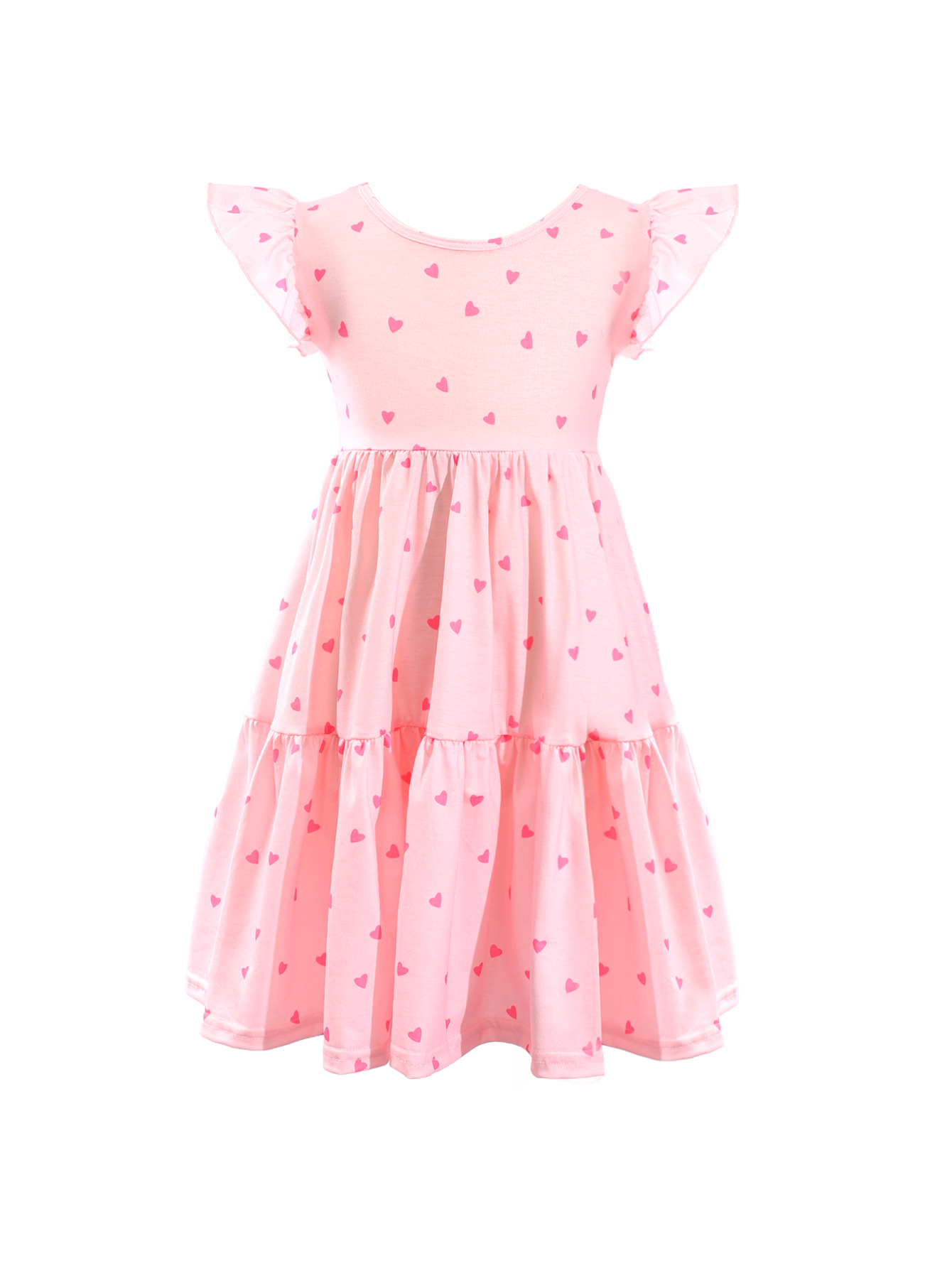 Pink Heart Print Ruffle Sleeve Tiered Kids Dress-AMD0004