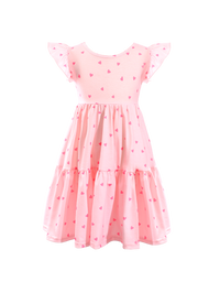 Pink Heart Print Ruffle Sleeve Tiered Kids Dress-AMD0004