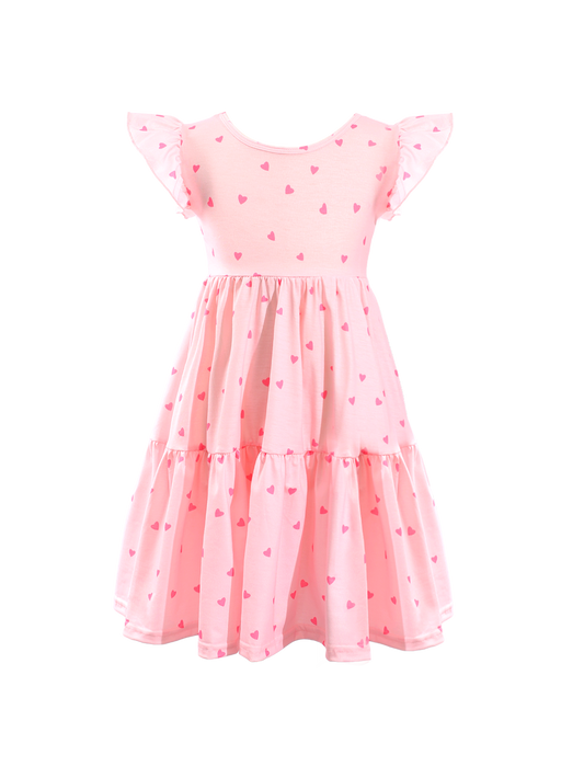 Pink Heart Print Ruffle Sleeve Tiered Kids Dress-AMD0004