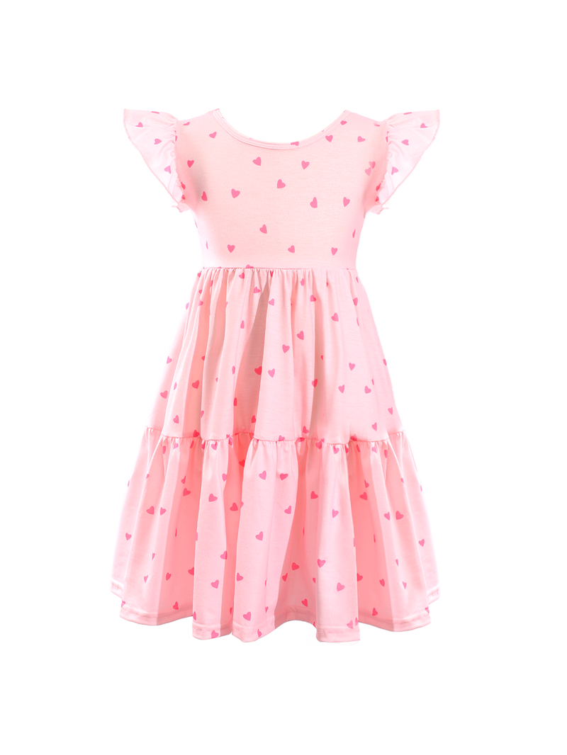 Pink Heart Print Ruffle Sleeve Tiered Kids Dress-AMD0004