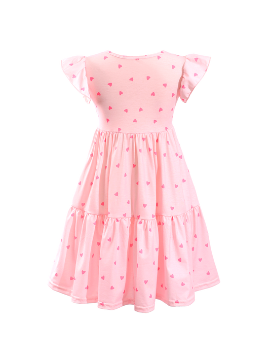 Pink Heart Print Ruffle Sleeve Tiered Kids Dress-AMD0004