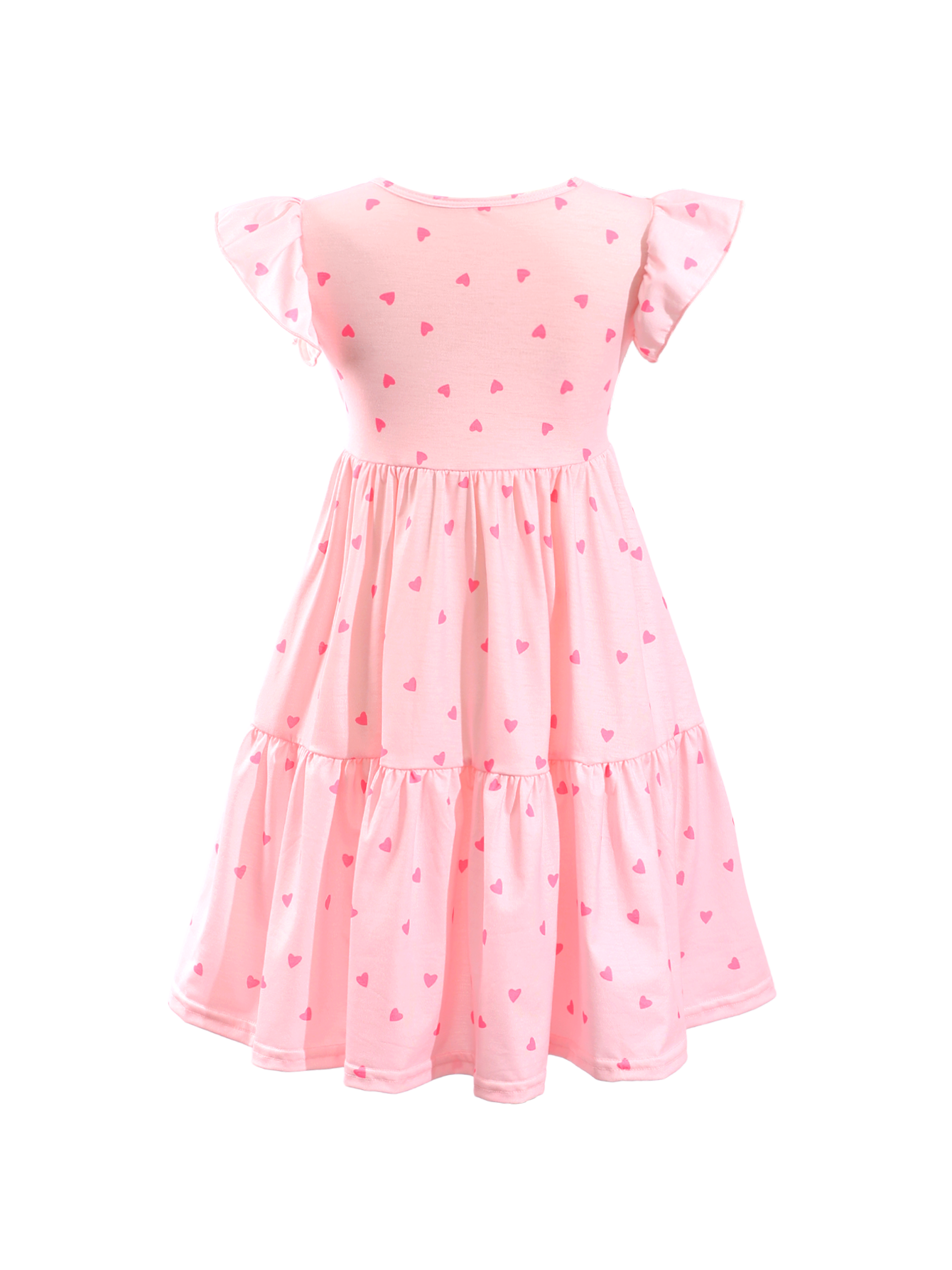 Pink Heart Print Ruffle Sleeve Tiered Kids Dress-AMD0004