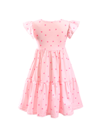 Pink Heart Print Ruffle Sleeve Tiered Kids Dress-AMD0004