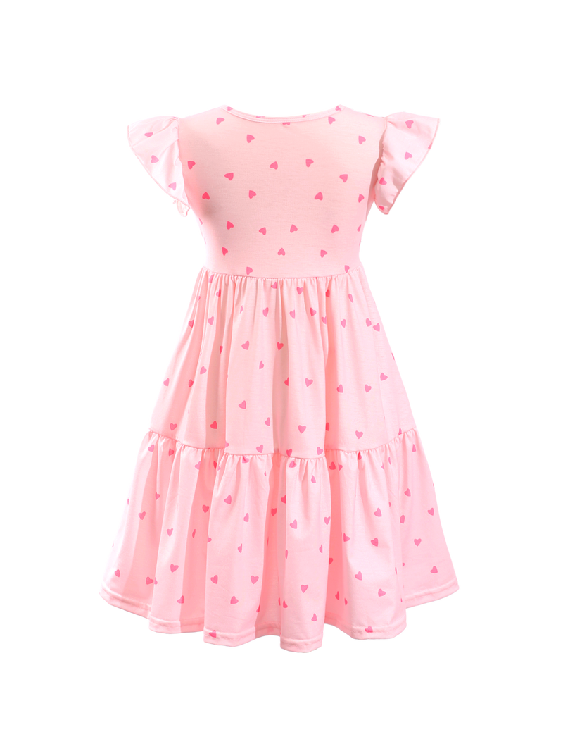 Pink Heart Print Ruffle Sleeve Tiered Kids Dress-AMD0004