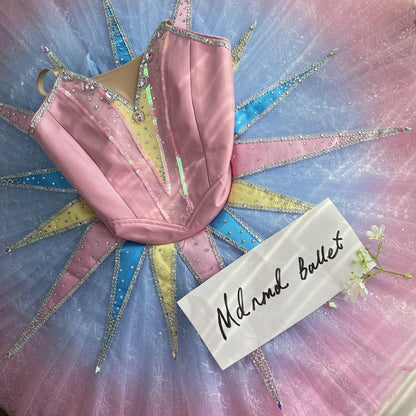 Radiant Pink and Pastel Ballet Tutu with Starburst Design and Crystal Accents - MDT1159
