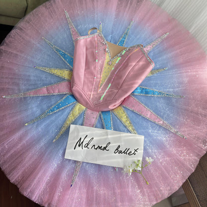 Radiant Pink and Pastel Ballet Tutu with Starburst Design and Crystal Accents - MDT1159