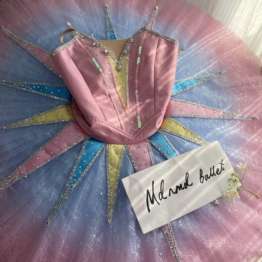 Radiant Pink and Pastel Ballet Tutu with Starburst Design and Crystal Accents - MDT1159