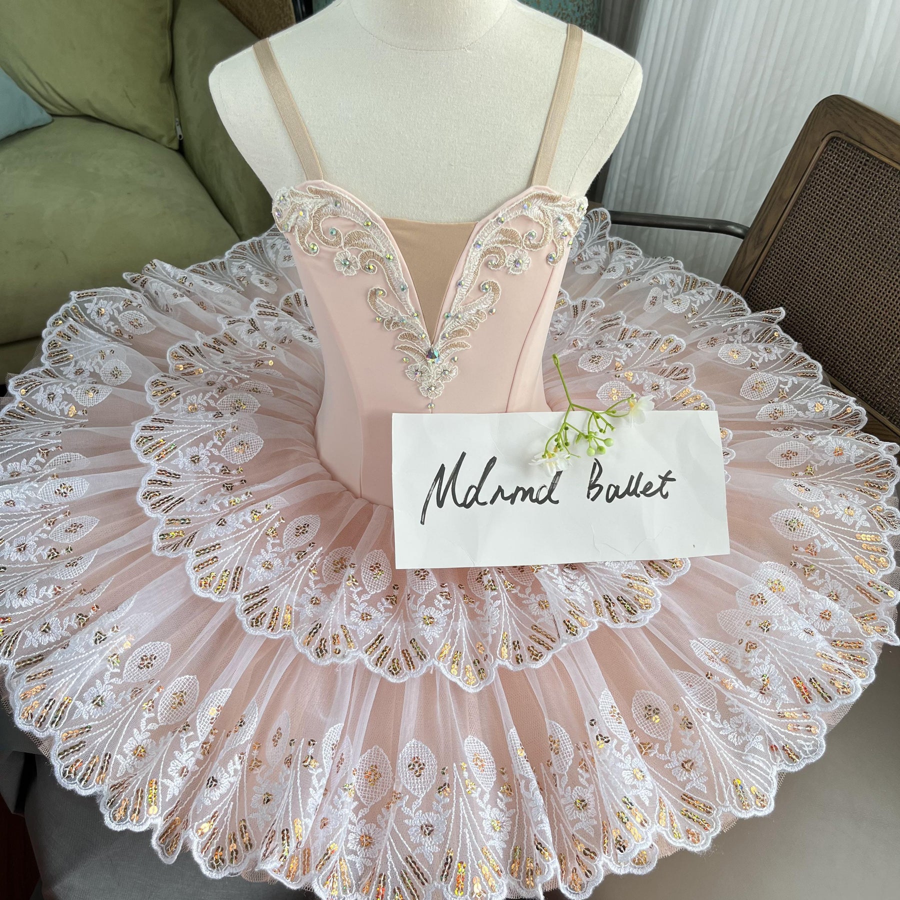Exquisite Pink Ballet Tutu with Embroidered Lace and Sparkling Sequin Accents - MDT0397