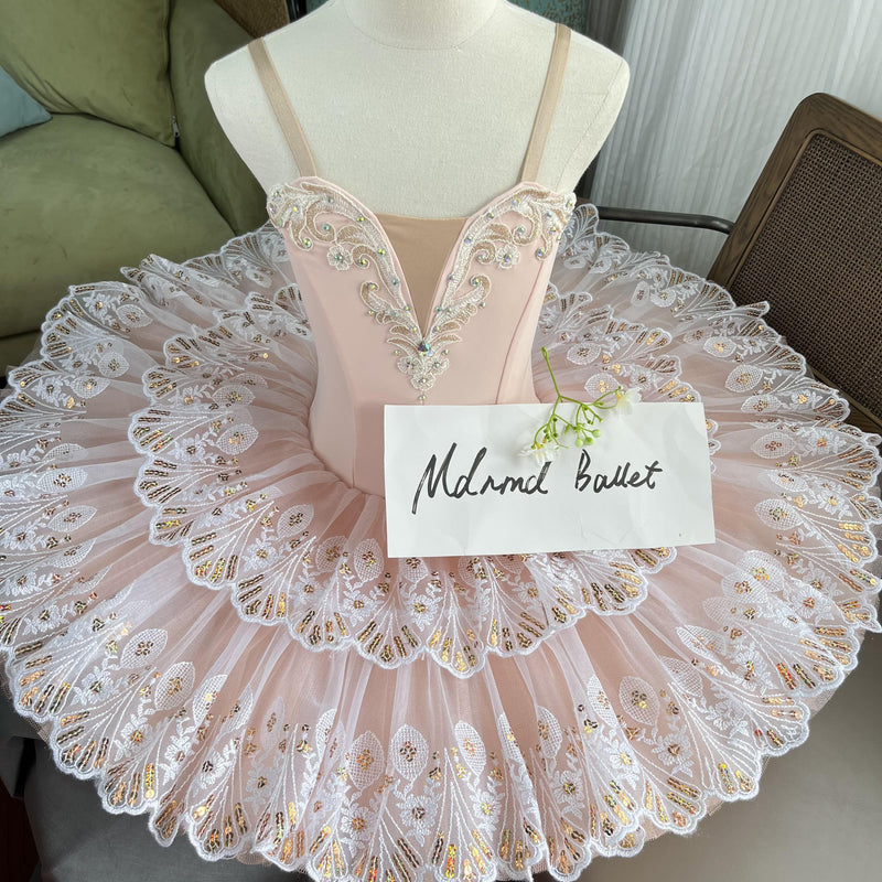 Exquisite Pink Ballet Tutu with Embroidered Lace and Sparkling Sequin Accents - MDT0397