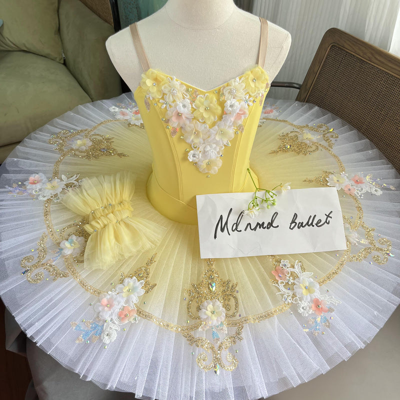 Floral Embellished Ballet Tutu with Sequins in Peach and Yellow - MDT1108