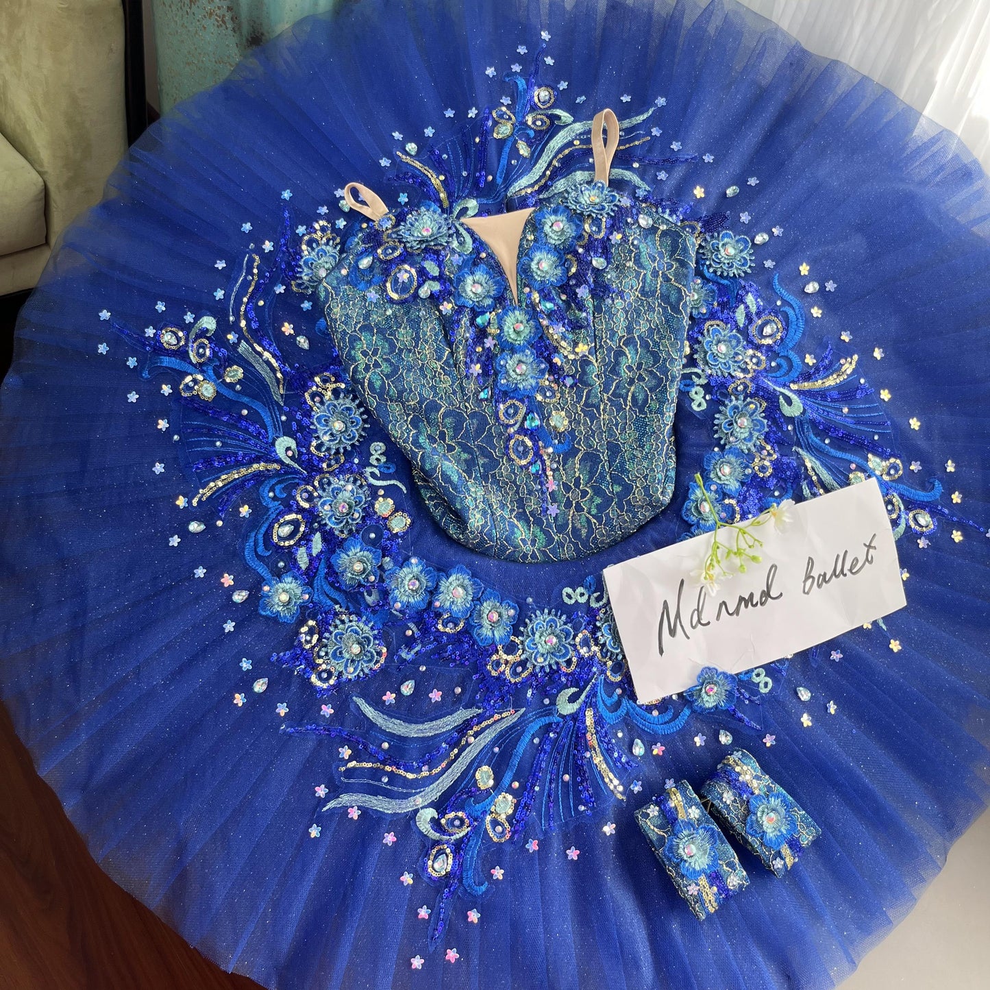 Royal Blue Ballet Tutu Dress with Floral Lace and Crystal Embellishments - MDT0634
