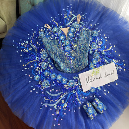 Royal Blue Ballet Tutu Dress with Floral Lace and Crystal Embellishments - MDT0634