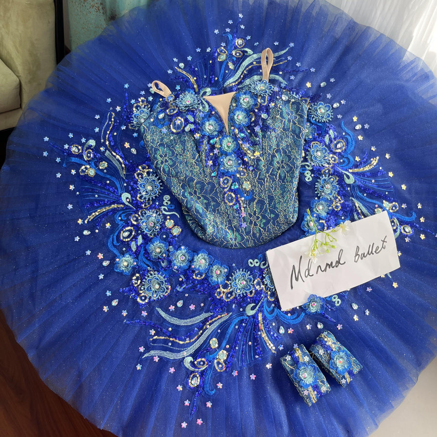 Royal Blue Ballet Tutu Dress with Floral Lace and Crystal Embellishments - MDT0634