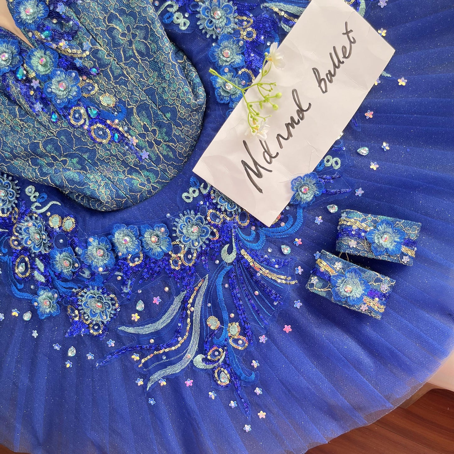 Royal Blue Ballet Tutu Dress with Floral Lace and Crystal Embellishments - MDT0634