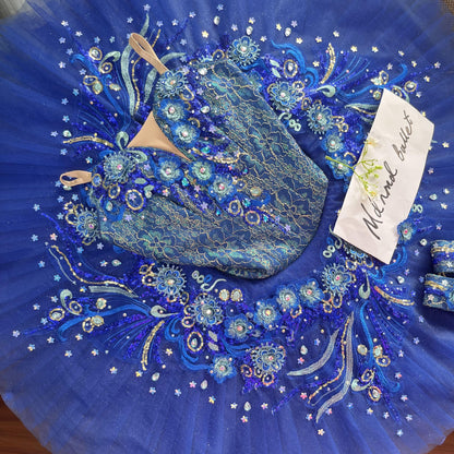 Royal Blue Ballet Tutu Dress with Floral Lace and Crystal Embellishments - MDT0634