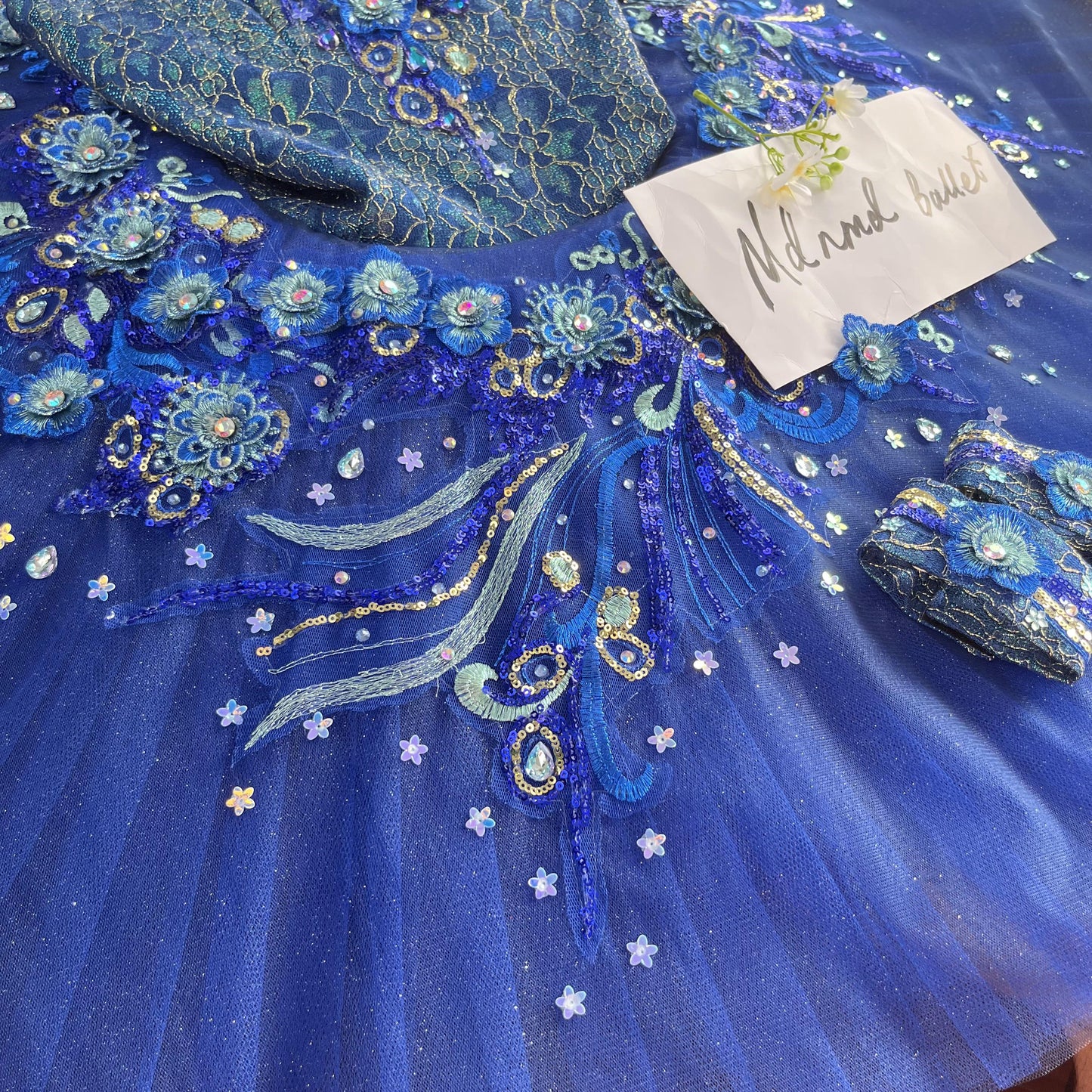 Royal Blue Ballet Tutu Dress with Floral Lace and Crystal Embellishments - MDT0634
