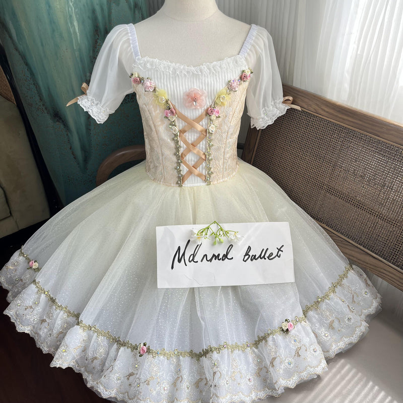 Romantic Floral Ballet Tutu Dress with Lace Corset & Puffy Sleeves - MDC0791