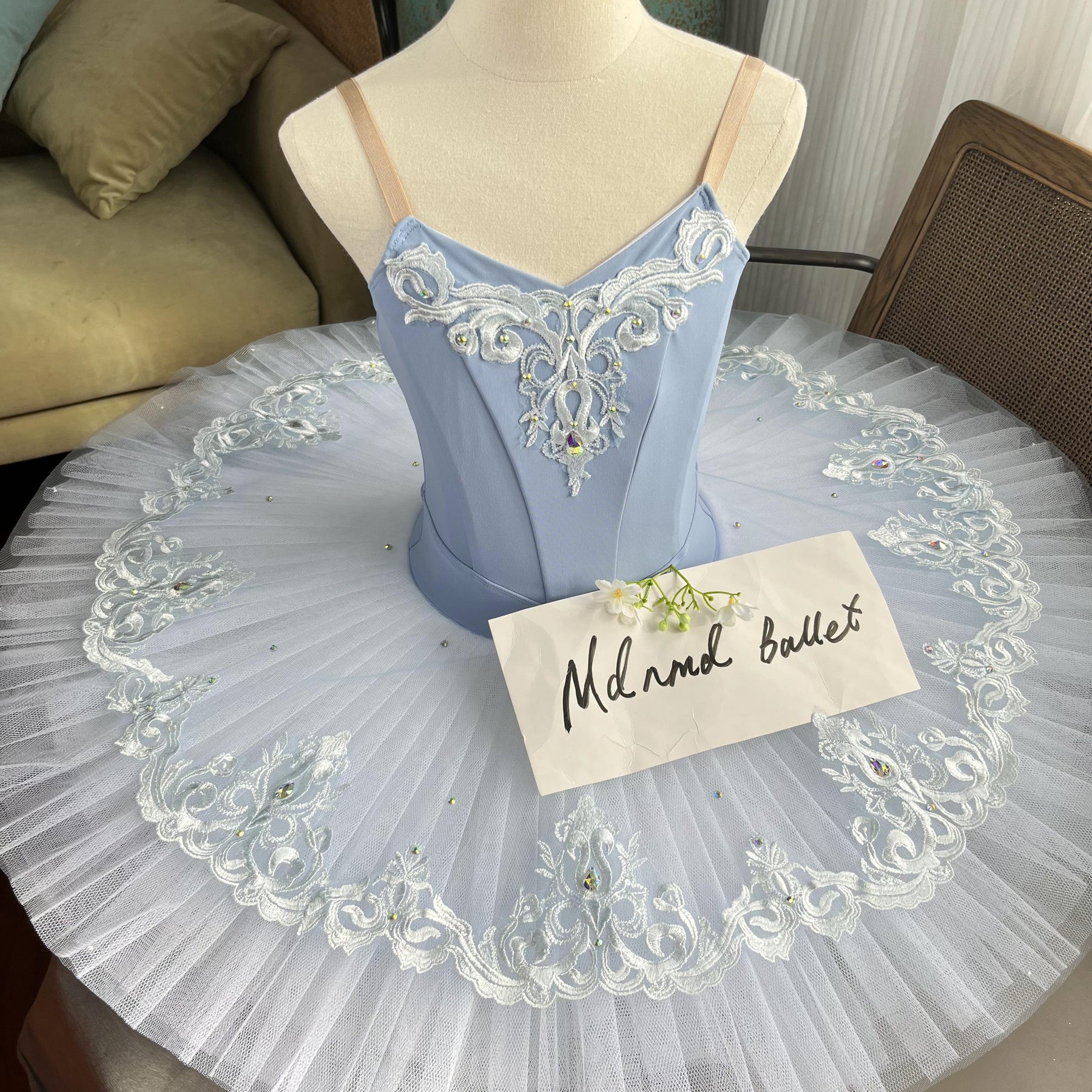 Elegant Blue Ballet Tutu with Lace Embellishments and Crystal Accents - MDT666