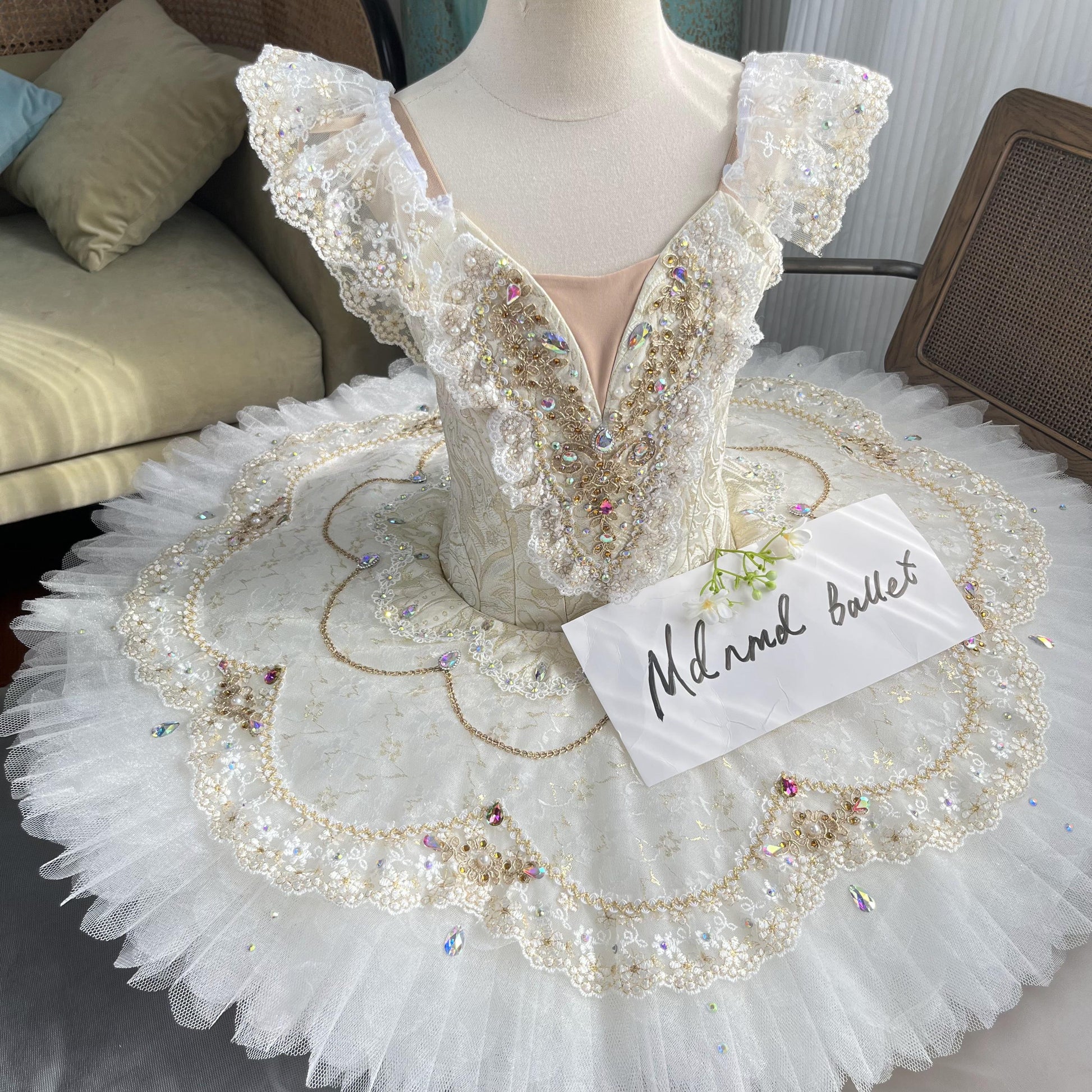 Elegant White Ballet Tutu with Gold Embellishments and Lace Sleeves - Custom Ballet Tutu Dancewear - Mdnmd Elegant White Ballet Tutu with Gold Embellishments and Lace Sleeves - Custom Ballet Tutu Dancewear - Mdnmd