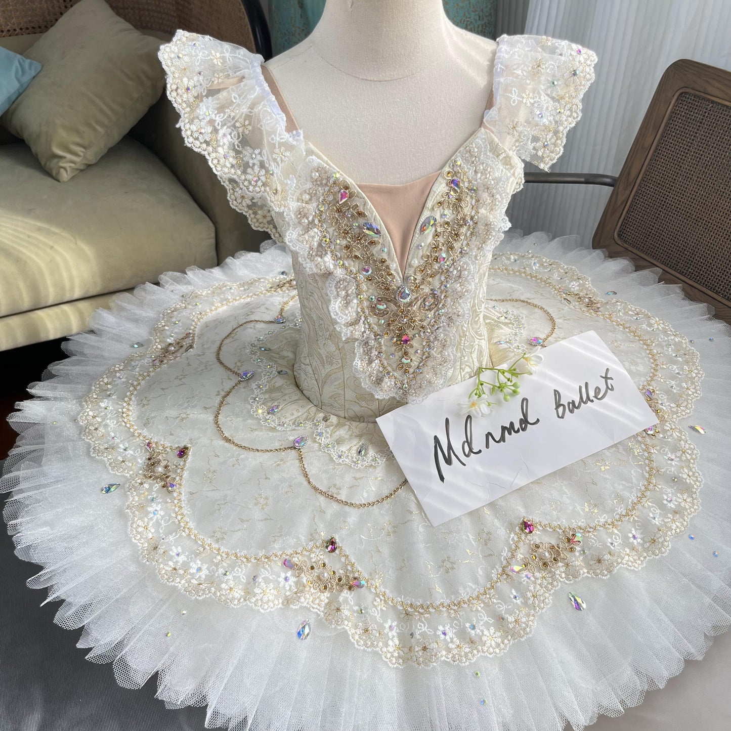 Elegant White Ballet Tutu with Gold Embellishments and Lace Sleeves - MDT1121