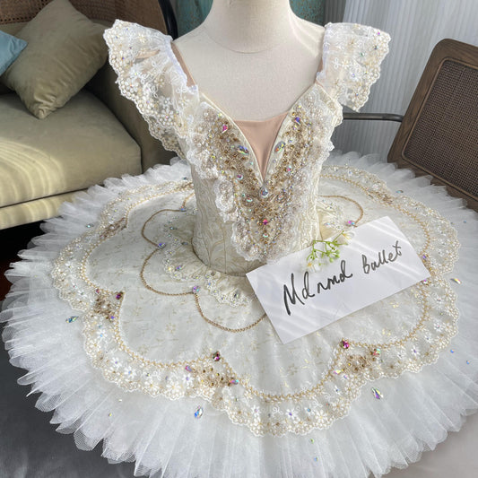 Elegant White Ballet Tutu with Gold Embellishments and Lace Sleeves - MDT1121
