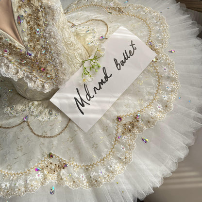Elegant White Ballet Tutu with Gold Embellishments and Lace Sleeves - MDT1121