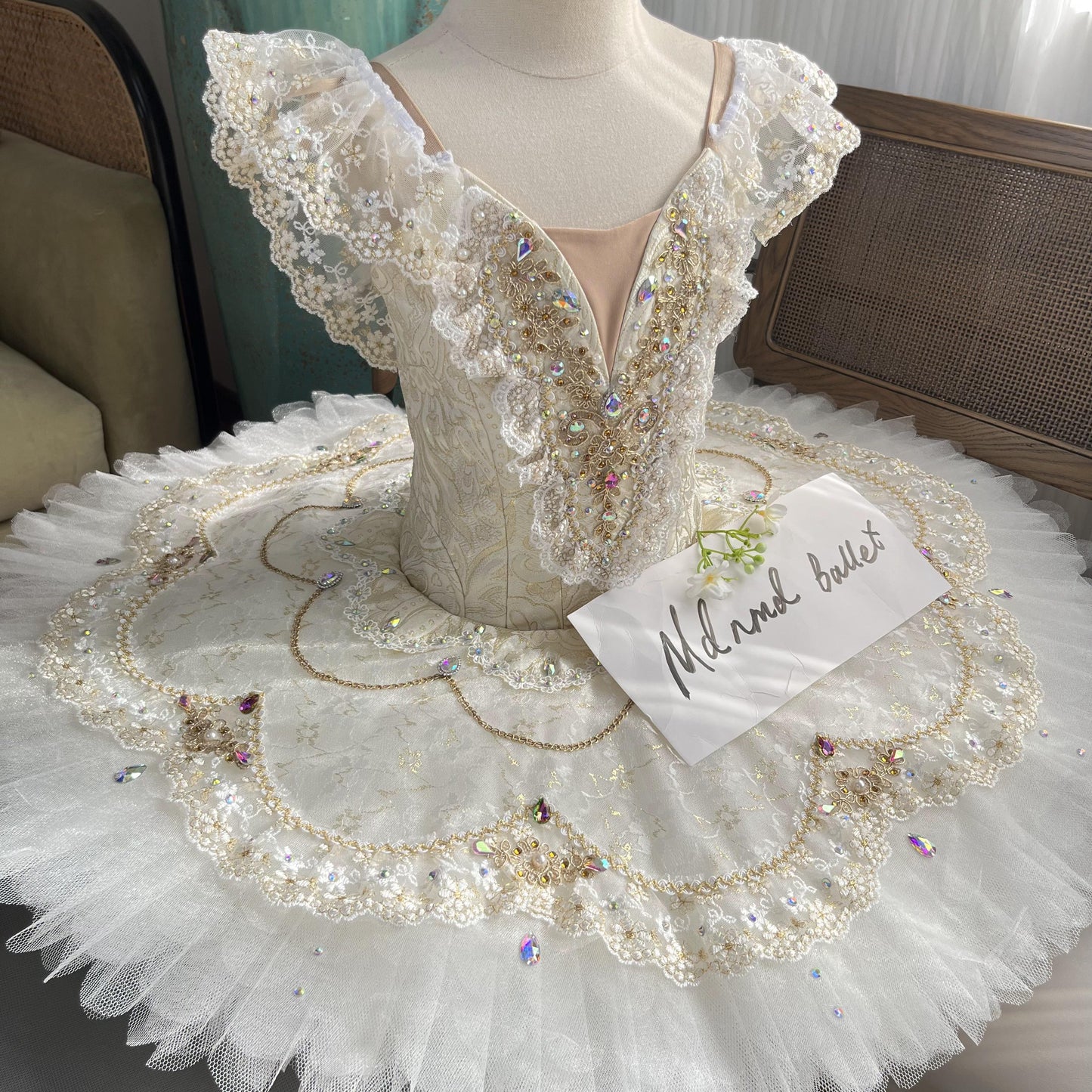 Elegant White Ballet Tutu with Gold Embellishments and Lace Sleeves - MDT1121