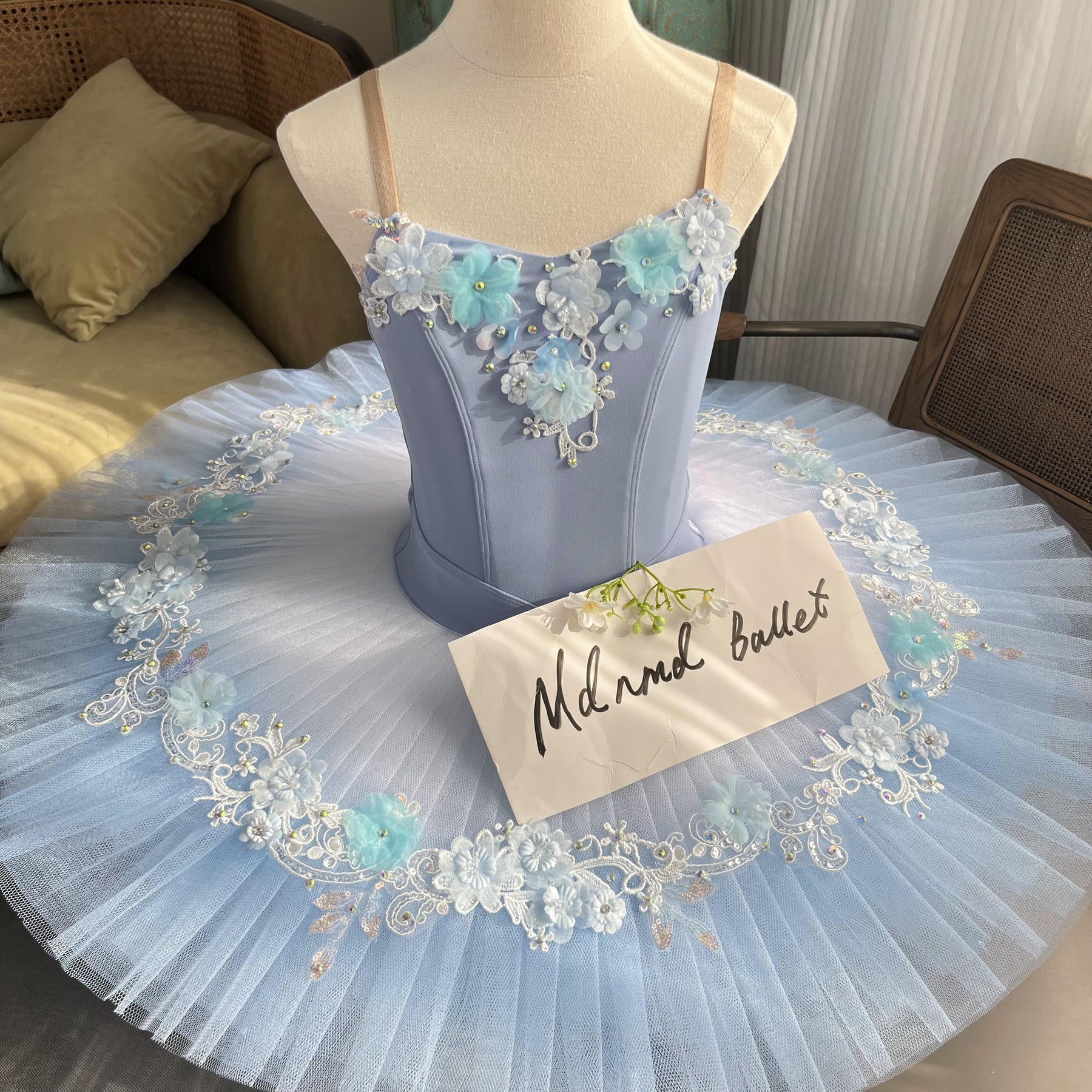 Delicate Blue Ballet Tutu with Floral Appliqué and Embroidered Lace - MDT0633