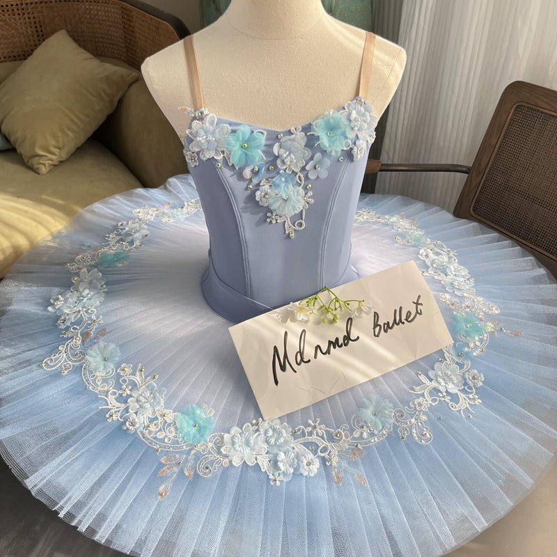 Delicate Blue Ballet Tutu with Floral Appliqué and Embroidered Lace - MDT0633