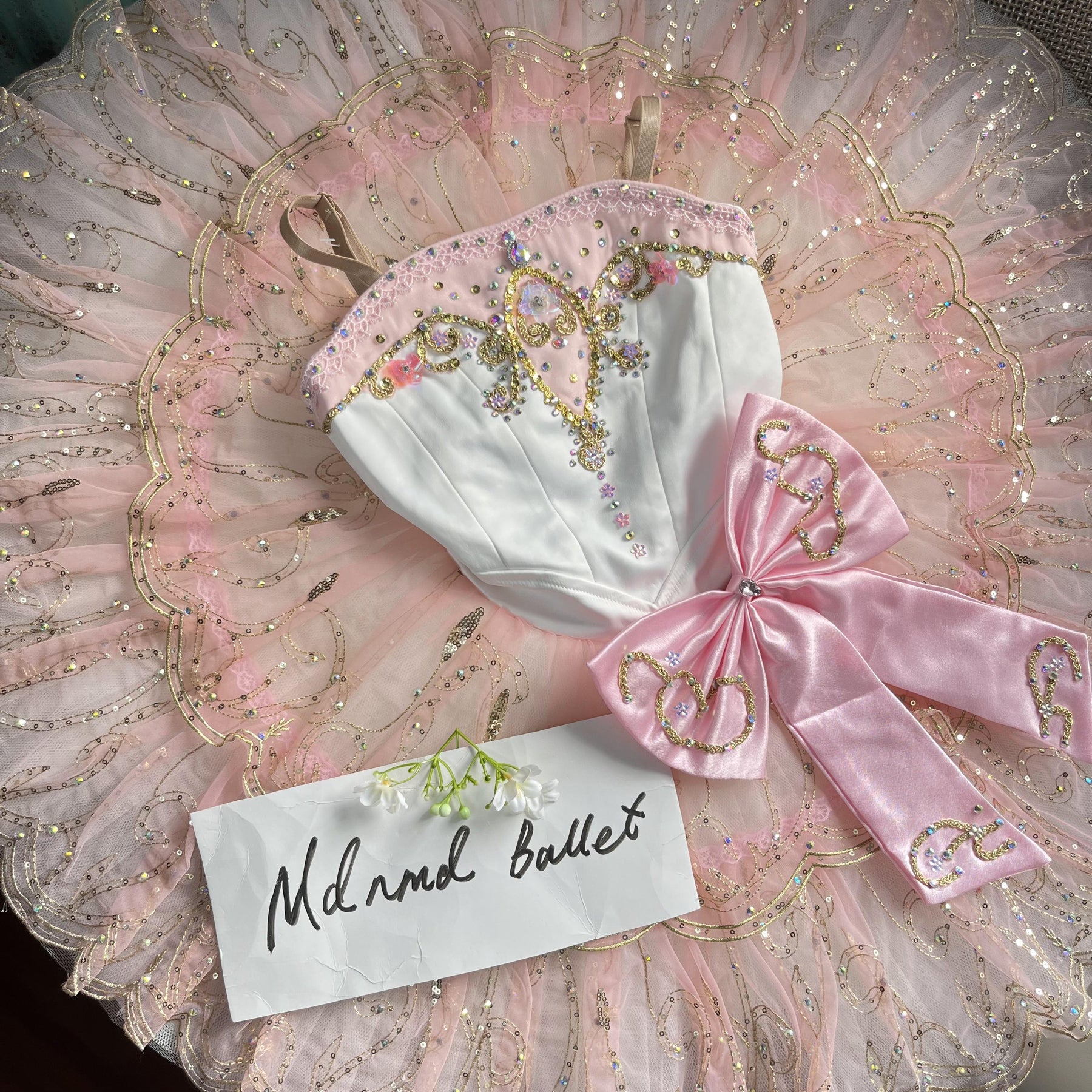 Luxurious Pink and White Ballet Tutu with Gold Embellishments and Satin Bow - MDT0938