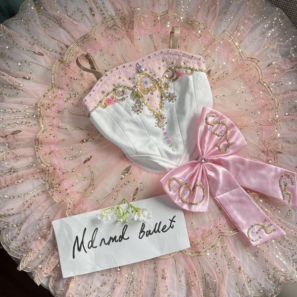 Luxurious Pink and White Ballet Tutu with Gold Embellishments and Satin Bow - MDT0938