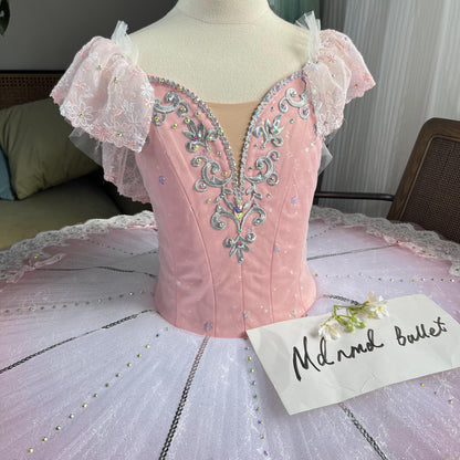 Elegant Pink Princess Tutu Ballet Dress with Intricate Lace and Crystal Embellishments - MDT0895
