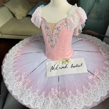 Elegant Pink Princess Tutu Ballet Dress with Intricate Lace and Crystal Embellishments - MDT0895