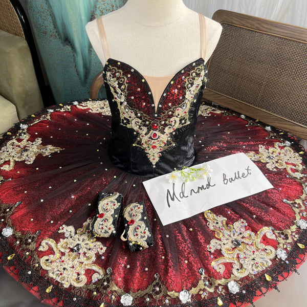 Exquisite Black and Red Ballet Tutu Costume with Gold Embellishments - MDT0774