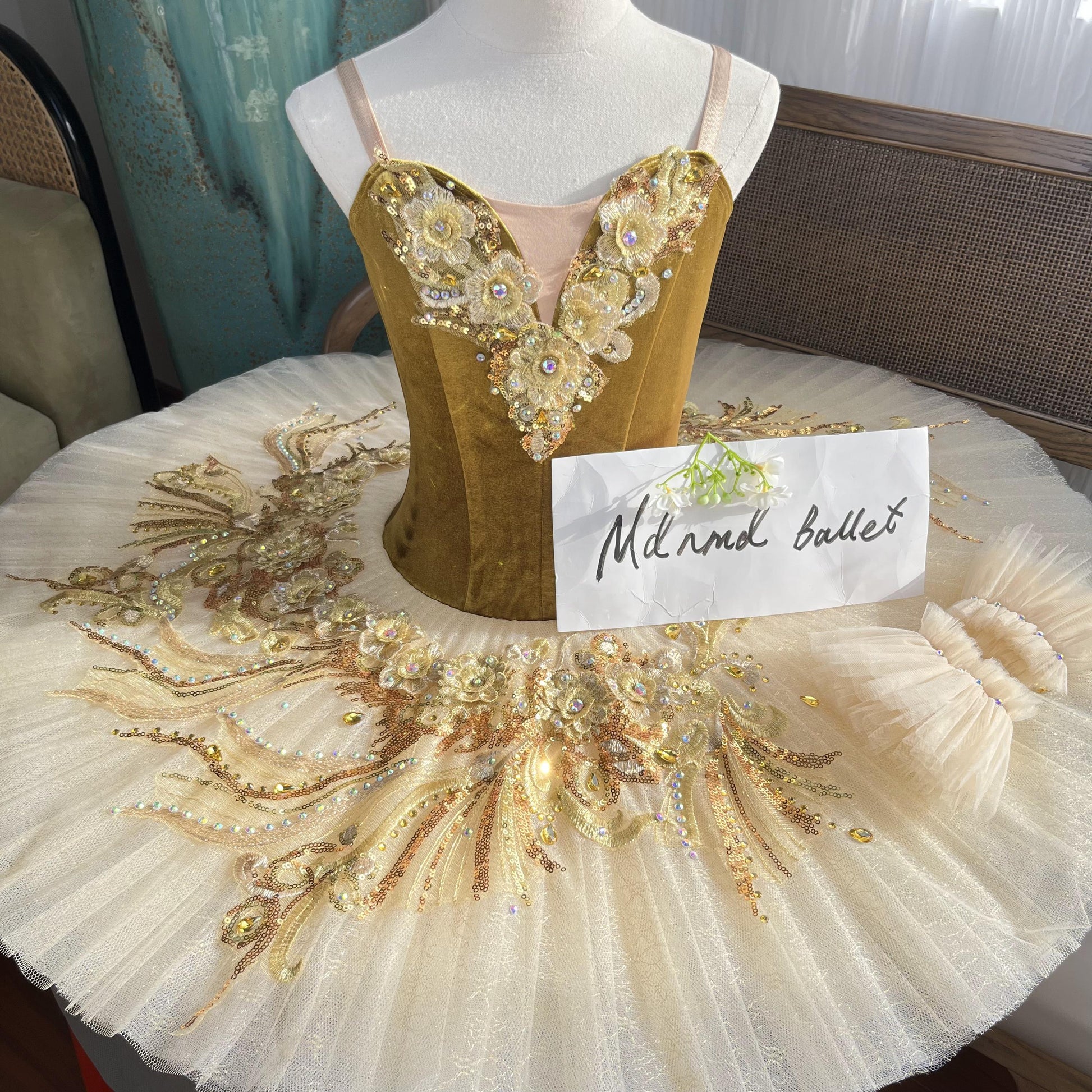 Golden Ballet Tutu with Luxurious Floral Embroidery and Sequin Detaili Custom Ballet Tutu Dancewear - Mdnmd Golden Ballet Tutu with Luxurious Floral Embroidery and Sequin Detaili Custom Ballet Tutu Dancewear - Mdnmd