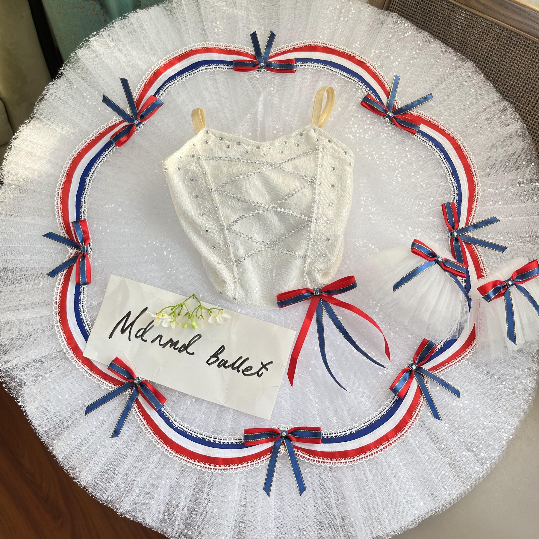 Elegant French-Inspired Ballet Tutu with Red, White, and Blue Ribbon Detailing - MDT0425