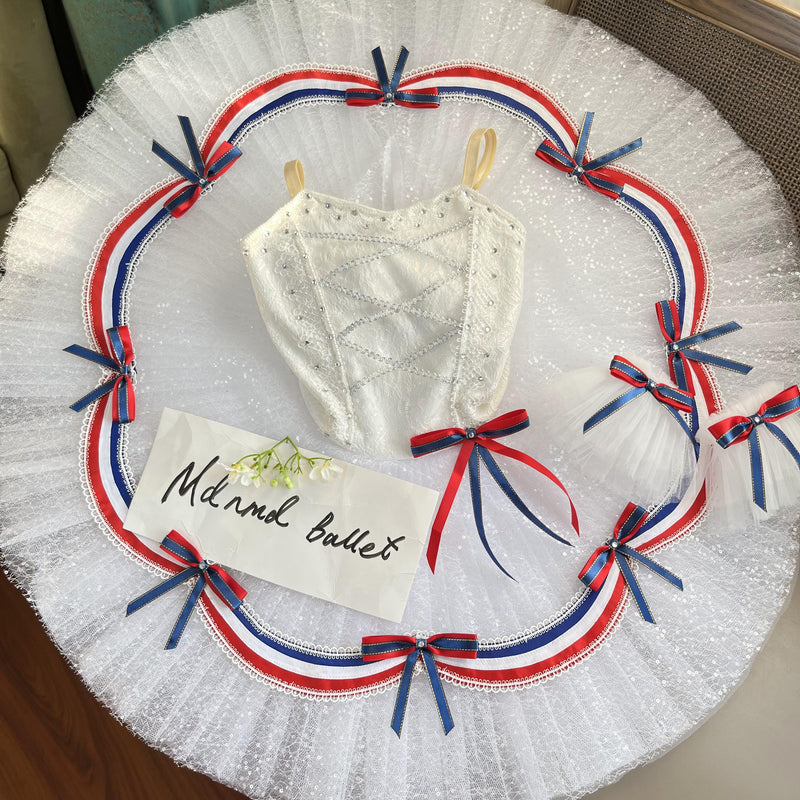 Elegant French-Inspired Ballet Tutu with Red, White, and Blue Ribbon Detailing - MDT0425