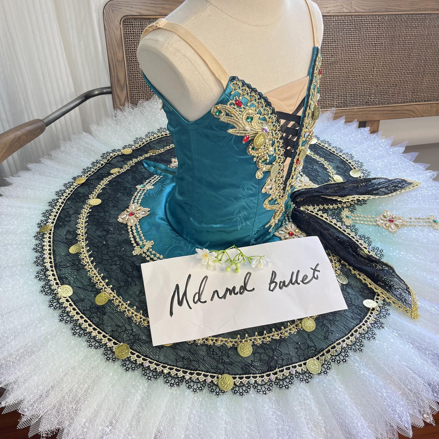 Elegant Teal Ballet Tutu Dress with Gold and Lace Accentss - MDT0141