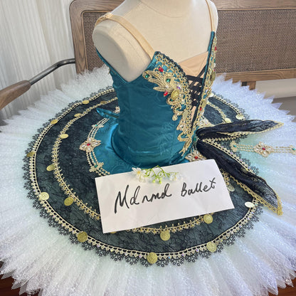 Elegant Teal Ballet Tutu Dress with Gold and Lace Accentss - MDT0141