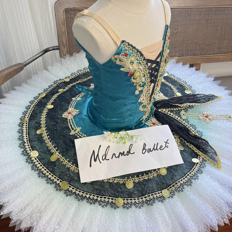Elegant Teal Ballet Tutu Dress with Gold and Lace Accentss - MDT0141