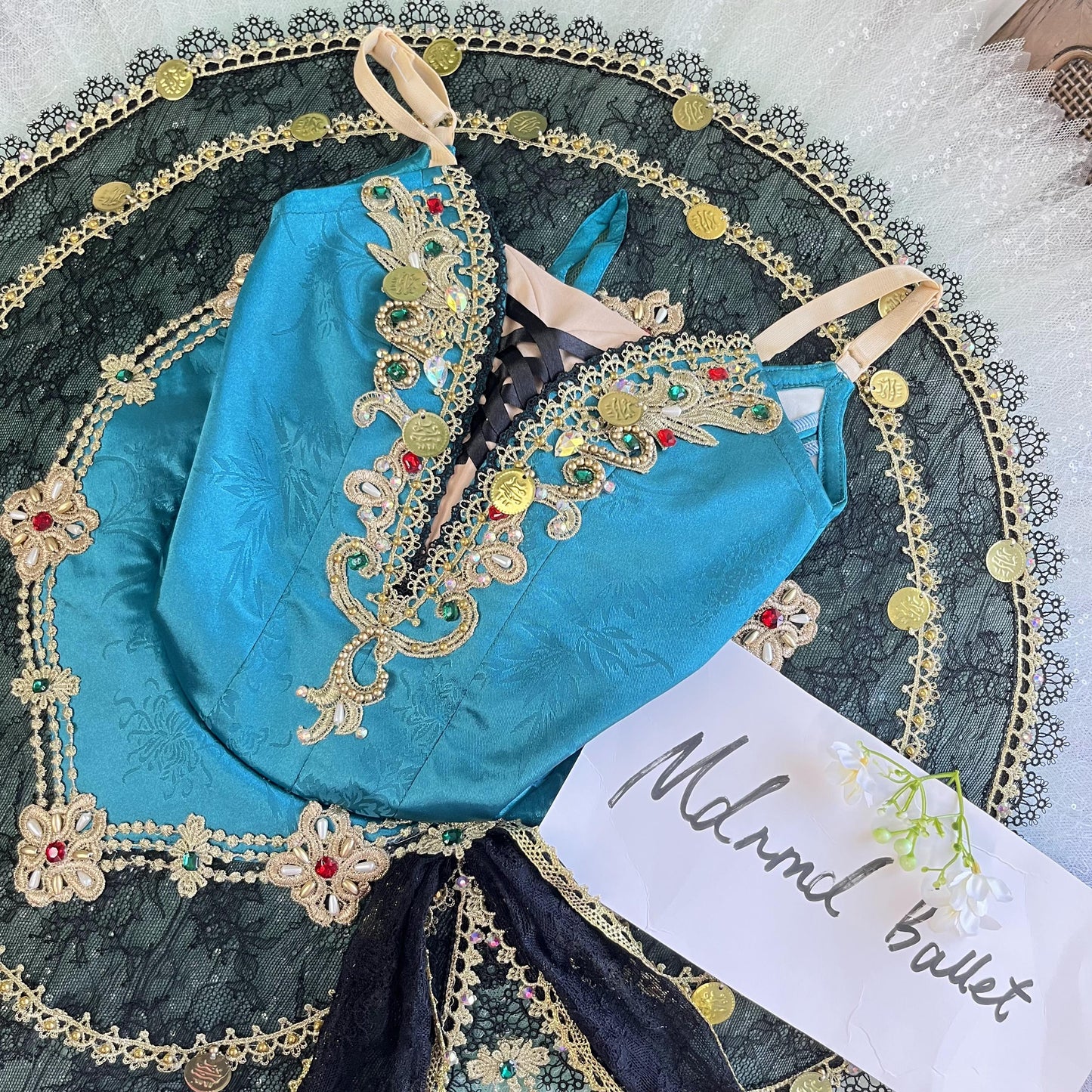 Elegant Teal Ballet Tutu Dress with Gold and Lace Accentss - MDT0141