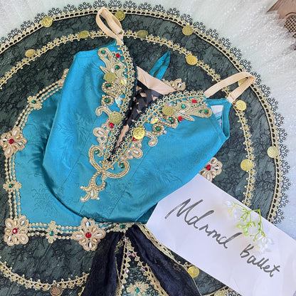 Elegant Teal Ballet Tutu Dress with Gold and Lace Accentss - MDT0141