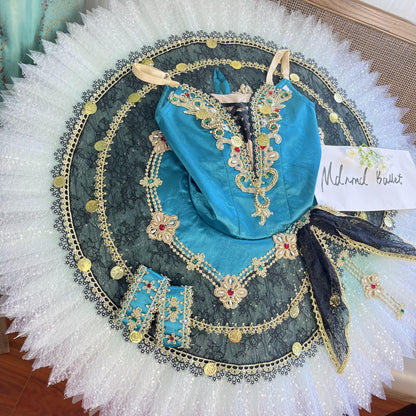 Elegant Teal Ballet Tutu Dress with Gold and Lace Accentss - MDT0141
