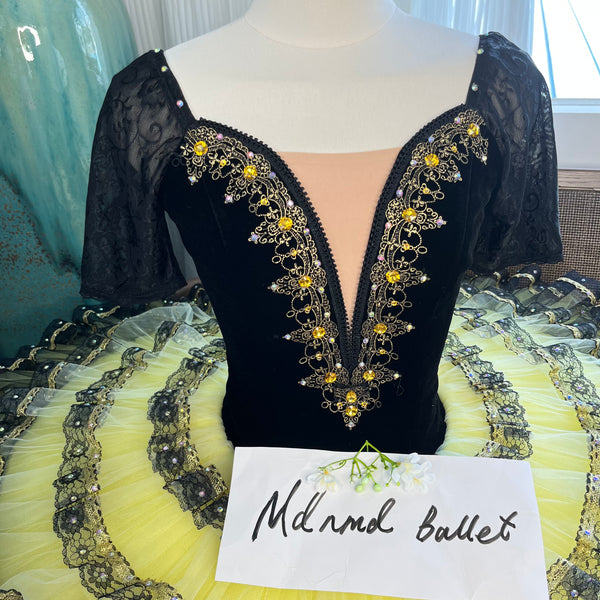 Black and Yellow Ballet Tutu with Half-Sleeves and Embellished Bodice - MDT0367