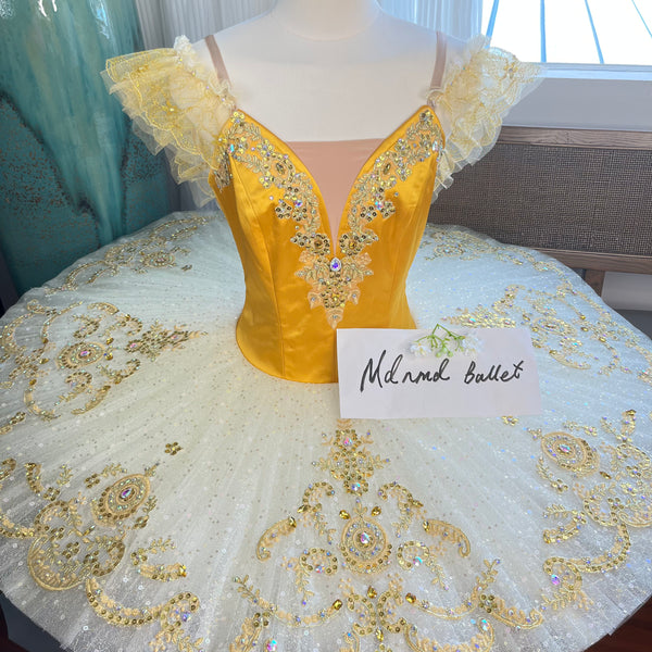 Golden Yellow and White Ballet Tutu with Embellished Bodice and Ruffled Lace Sleeves - MDT1137