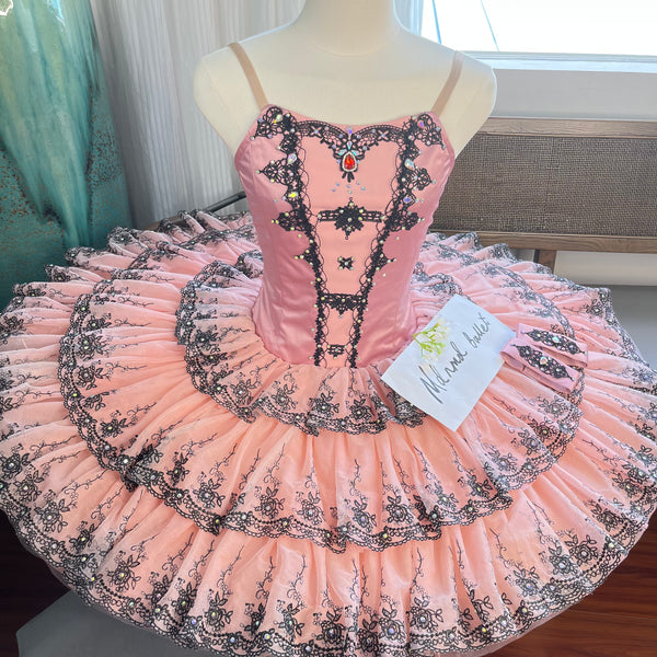 Elegant Pink Professional Ballet Tutu with Black Lace Accents - MDT0966